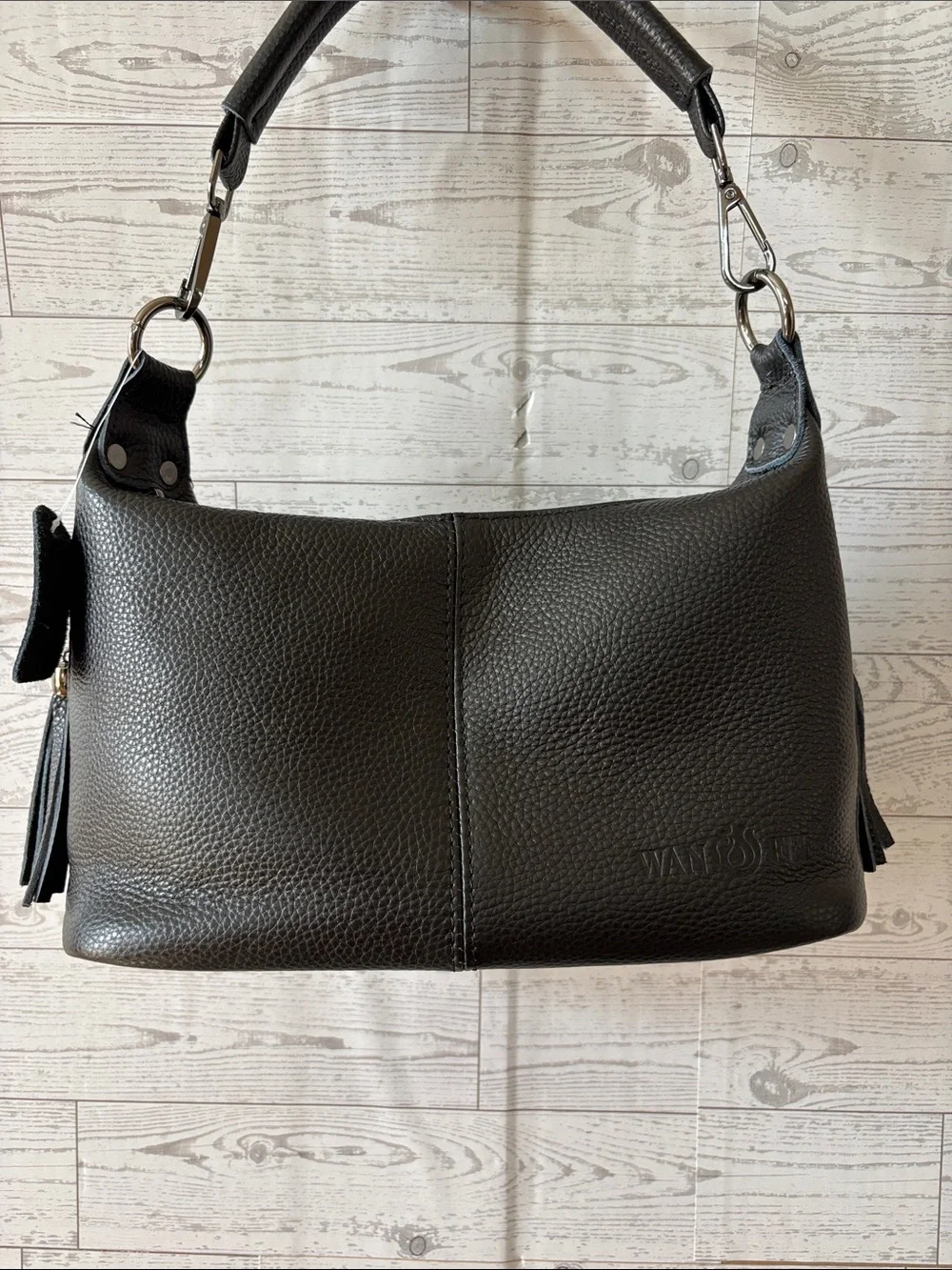 Black Pebbled Leather Tassel Hobo Slouchy Shoulder Bag NWT
